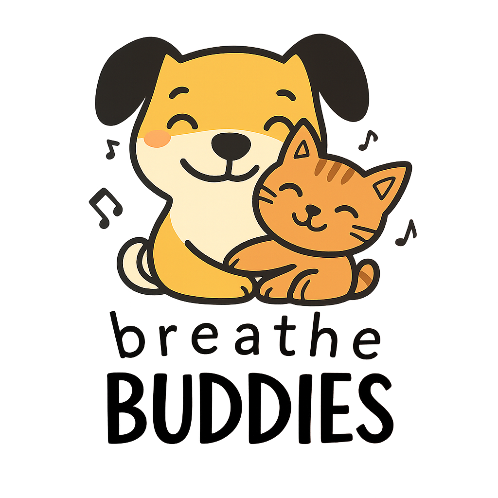 Dog and cat hugging with musical notes